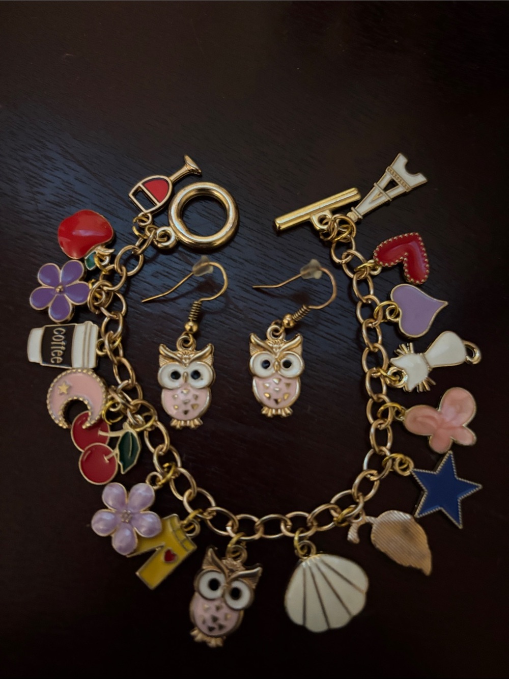 Pink Owl Charm Bracelet and Earring Set - Cute Enamel Charms
